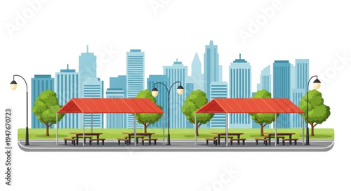 City park with picnic tables and red umbrellas.