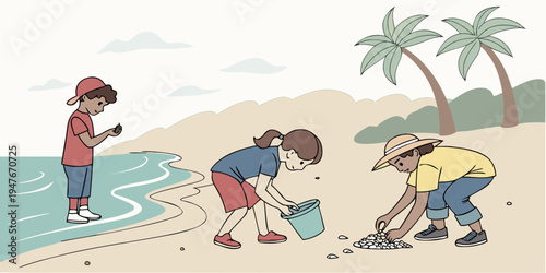 People picking up trash on a beach Vector