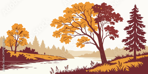 A serene landscape with trees and a body of water Vector
