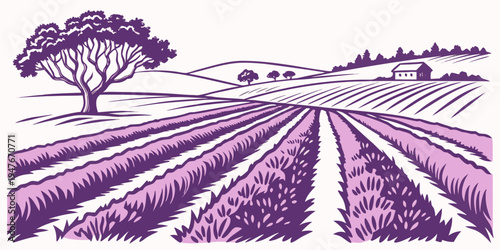 A purple illustration of a vineyard with rows of grapevines and a tree Vector