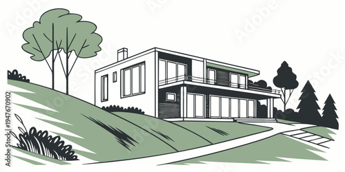 A large modern house on a sloping green lawn Vector