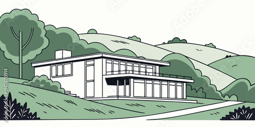 A large modern house on a grassy hill Vector