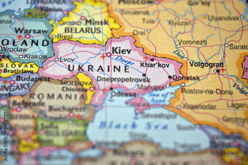Bild auf Leinwand Defocused Map Background Highlighting Kyiv Geography and Travel Concept