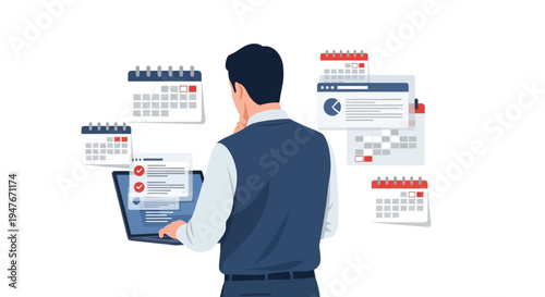 Man viewing data and schedules on multiple digital devices