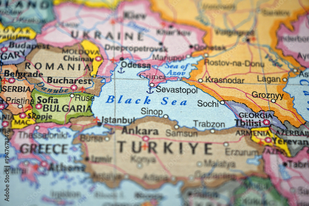 Naklejka premium Defocused Map Background Highlighting Black Sea Geography and Travel Concept