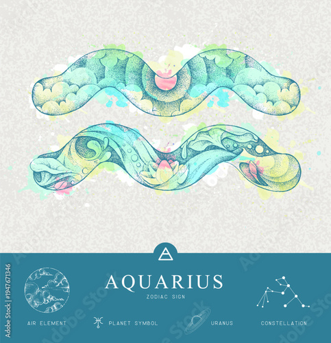 Modern magic witchcraft card with astrology Aquarius zodiac sign characteristic. Hand drawing art product. Vector illustration