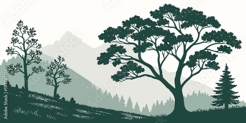 A scenic landscape with trees and mountains Vector