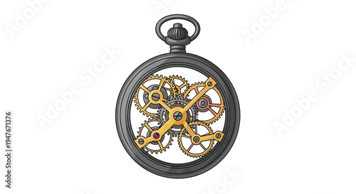 Detailed illustration of a steampunk style pocket watch with exposed gears