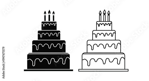 Two black and white illustrations of tiered birthday cakes with candles
