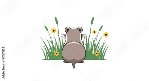 A charming illustration of a vole amidst green grasses and yellow flowers