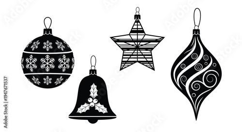 Black and white illustration of various christmas ornaments and a bell