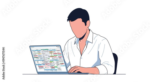 A digital illustration of a man intently working on a complex laptop interface