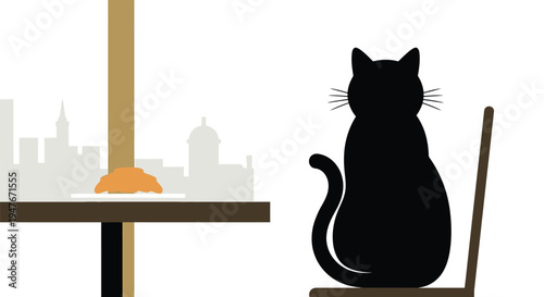 A black cat sits overlooking a city with a croissant