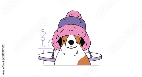 A beagle wearing a large fluffy pink and purple winter hat