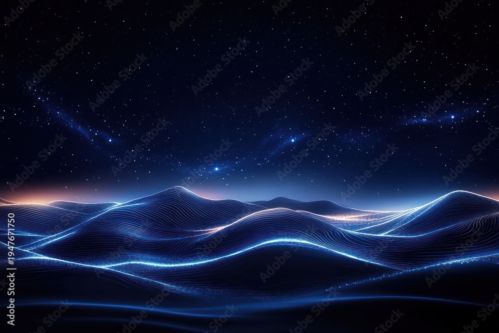 Obraz premium glowing blue digital waves under a starry night sky, serene futuristic landscape