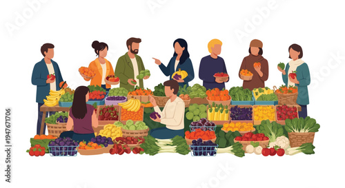 A vibrant farmers market scene with people buying fresh produce