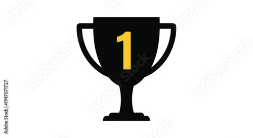 A black trophy with handles displaying the number one in gold