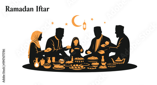 Ramadan iftar celebration with family gathered around a festive meal