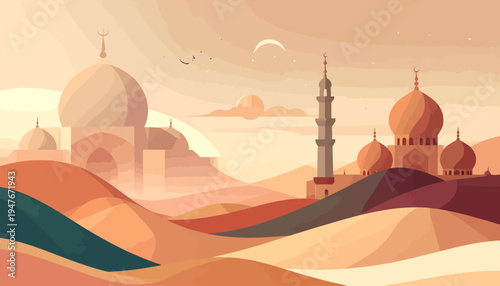 A serene desert landscape with multiple Islamic mosques and minarets under a crescent moon, featuring warm earthy tones and sand dunes.