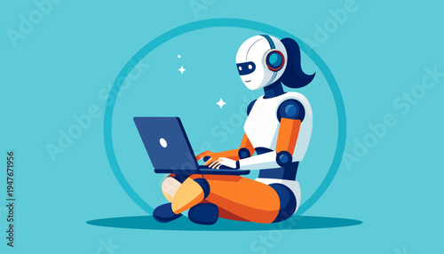 Female humanoid robot sitting cross-legged and working on a laptop computer against a blue background, representing artificial intelligence and technology.