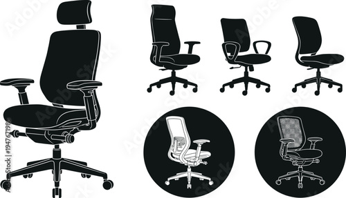 Ergonomic office chair illustration, adjustable armrests, headrest design, mesh back support, modern workplace seating, furniture comparison, professional workspace comfort, detailed design
