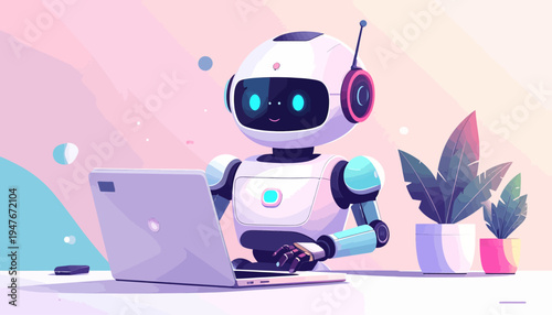 A friendly, cute robot with glowing blue eyes and headphones typing on a laptop at a desk with a plant, in a soft pastel background.