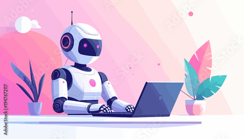A friendly white robot with pink details is diligently working on a laptop at a desk, surrounded by potted plants in a modern, colorful office illustration.