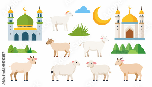 Vibrant vector set depicting various sheep and goats with mosque architecture, moon, and cloud elements. Ideal for cultural festivities and religious celebrations