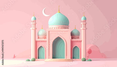 A pastel pink and teal mosque with domes and minarets under a crescent moon, rendered in a cute 3D style with a minimalist background.