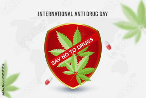 nternational Anti Drug Day banner with shield and cannabis leaf illustration