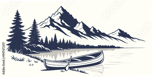 A serene lake scene with a canoe and majestic mountains Vector