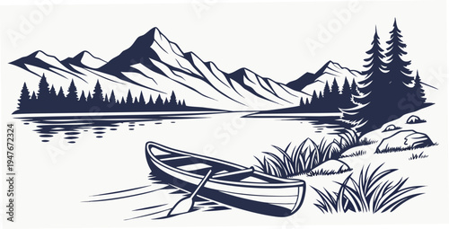 A serene lake scene with a canoe and majestic mountains Vector