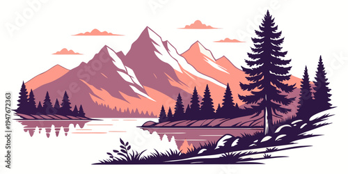 A serene mountain landscape with a lake and trees Vector