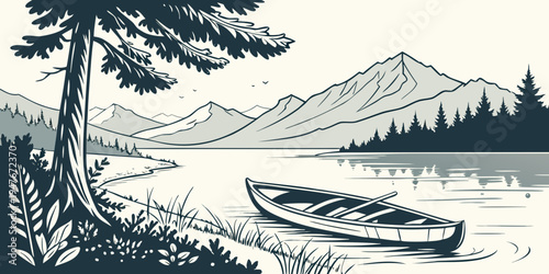 A small boat floats on a serene lake surrounded by mountains Vector