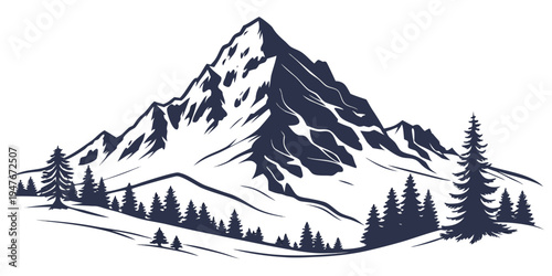 A large mountain with snow on it and trees Vector