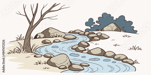 A stream runs through a rocky landscape with a tree Vector