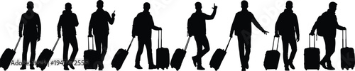 Travelers silhouettes with rolling luggage, airport passenger walking icons, business travel concept, tourism journey people, suitcase traveler silhouettes vector