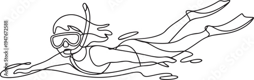 snorkel, girl, goggles, sea, snorkeling, sport, recreation, underwater. one line art icon drawing vector