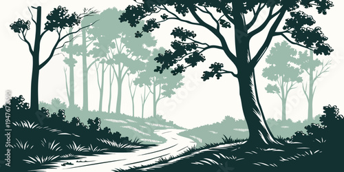 A forest path with trees on either side Vector