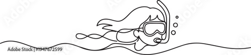 snorkel, girl, goggles, sea, snorkeling, sport, recreation, underwater. one line art icon drawing vector