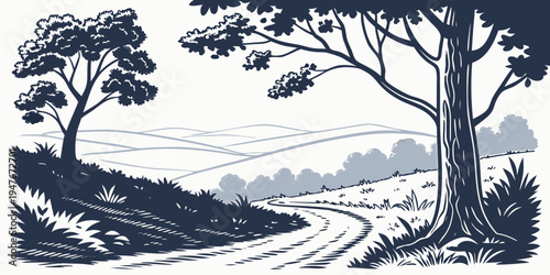 A serene landscape with trees on a hillside Vector