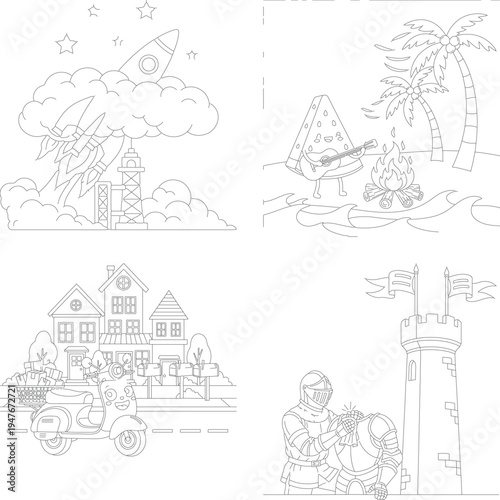 Diverse coloring book page: rocket, pizza, vintage car, knight - children's activity line art, rocket ship, pizza slice
