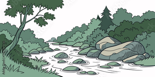 A river flowing through a rocky landscape with trees Vector