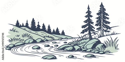 A serene landscape with a stream and pine trees Vector