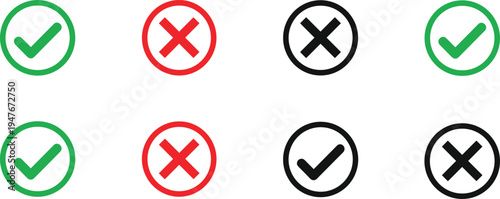 Green check marks and red cross icons set in circles, black tick and x symbols for approval, rejection, right or wrong decisions.