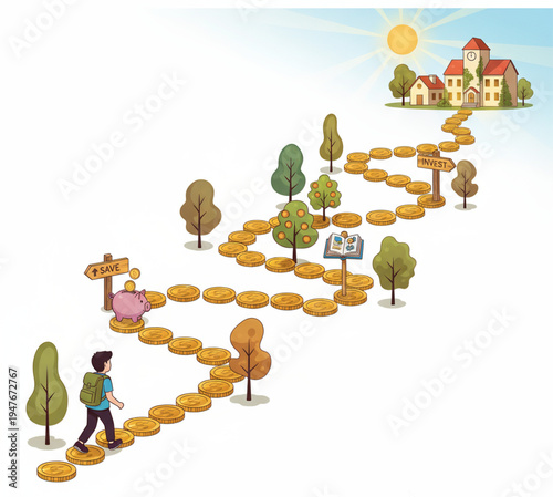 A young person embarks on a journey of financial growth and investment, navigating a path paved with coins towards a prosperous future