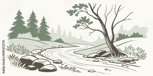 Photos A tree uprooted on the ground with pine trees in the background Vector