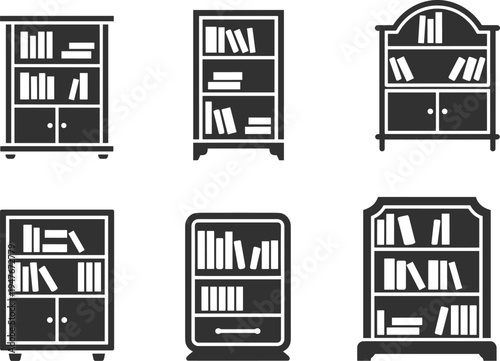 Black bookshelf icons set featuring vector silhouettes of various library bookcases filled with books and storage cabinets for home office and interior organization.
