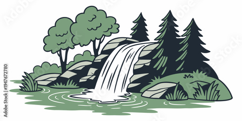 A waterfall surrounded by trees and rocks Vector
