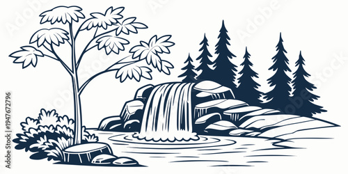 A scenic landscape with a waterfall and trees Vector